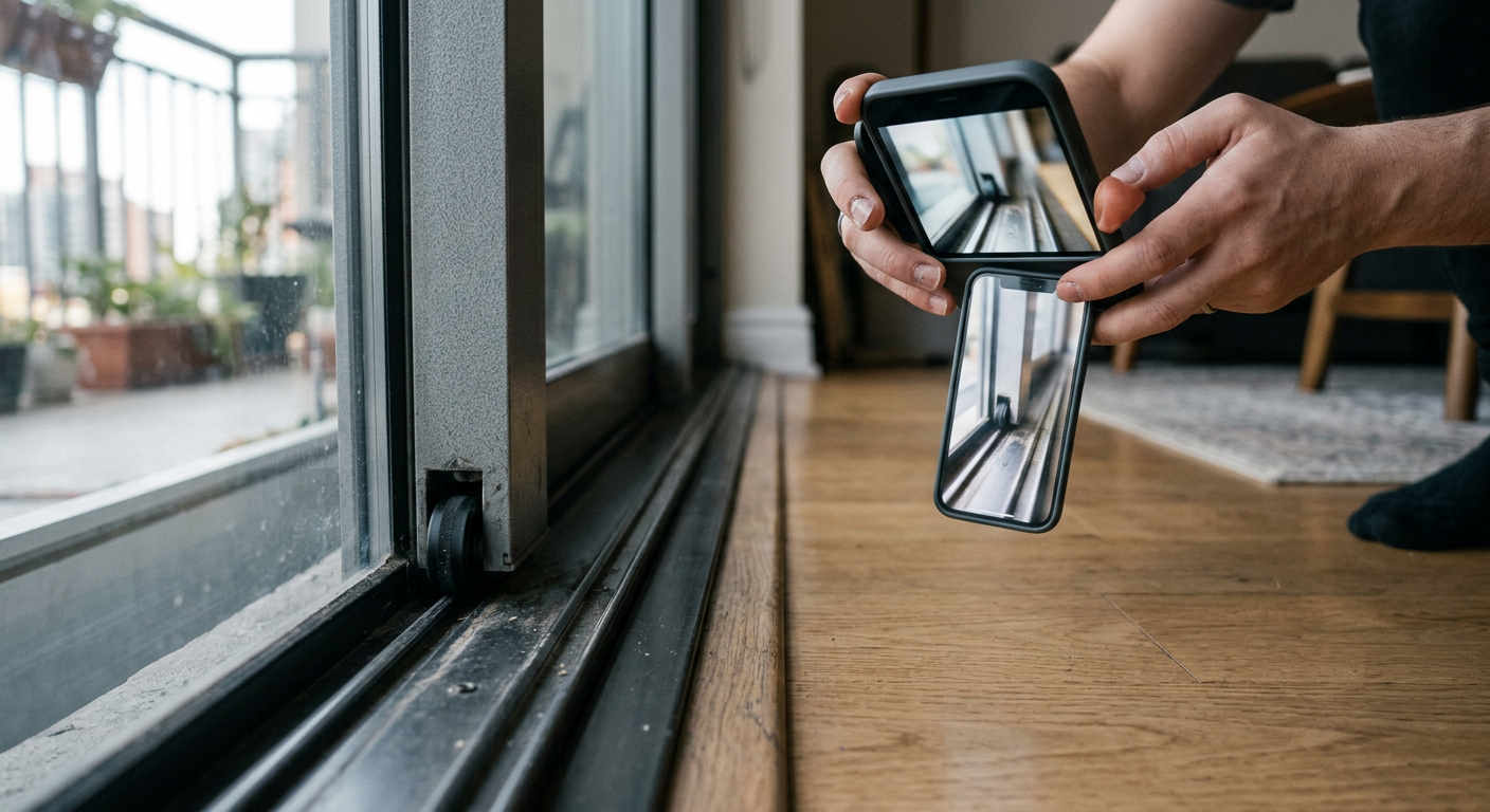 Des mains photographient le rail d’une baie vitrée coulissante avec un smartphone